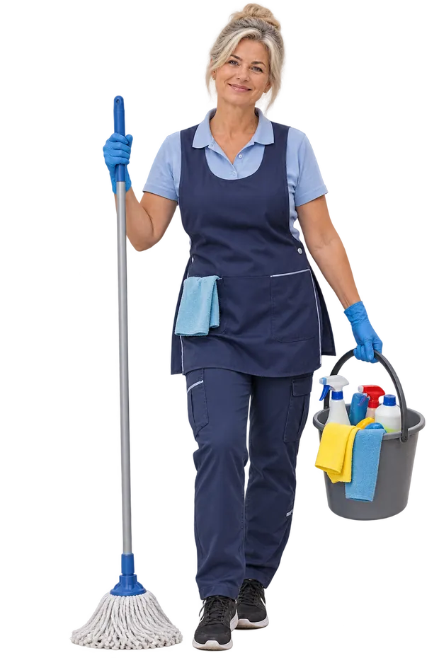 Eine Frau mit Mopp und Putzeimer