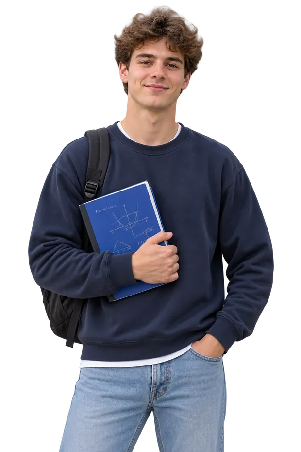 Ein Student mit Buch und Rucksack